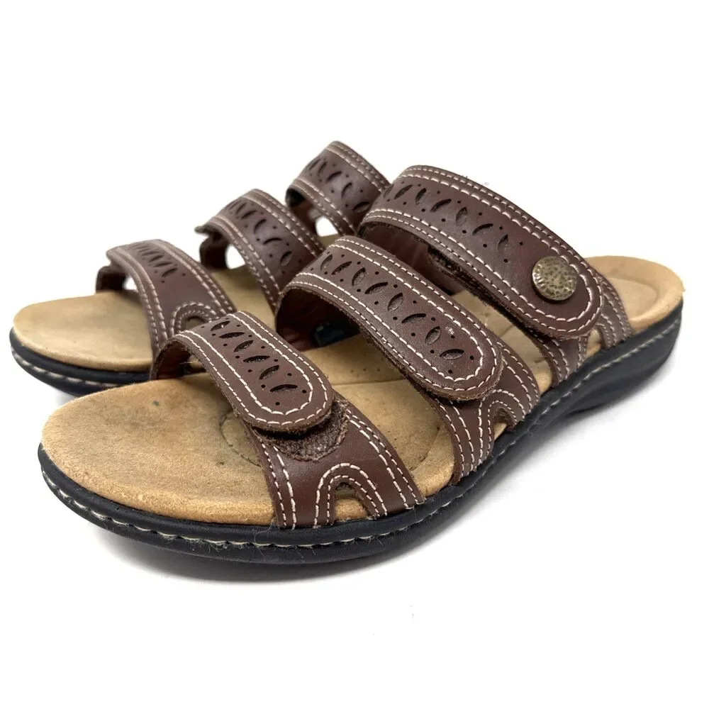Clarks Collection Laurieann Dee Leather Sandals Womens Sz 7 Strappy Low Wedge